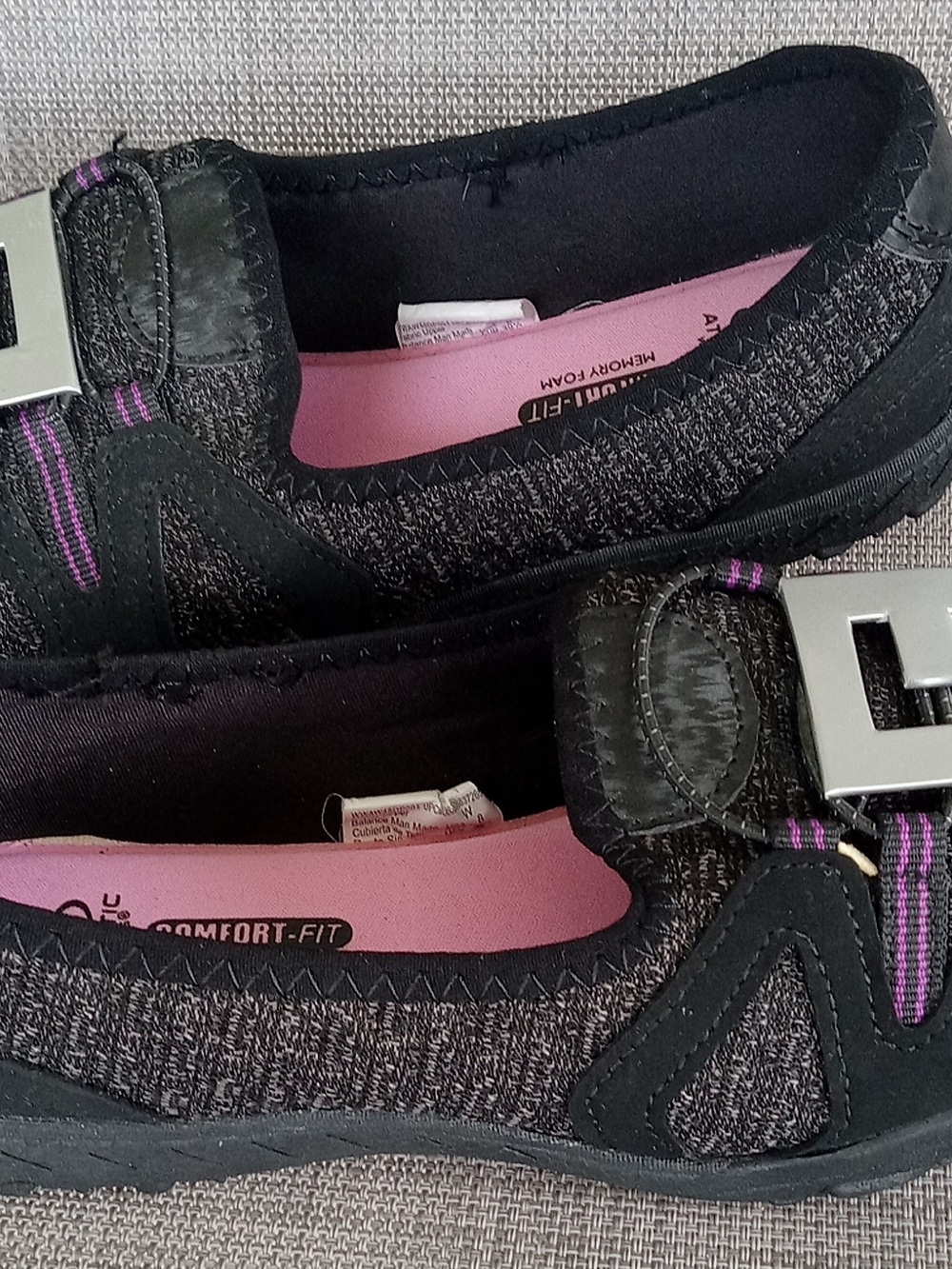 Athletic Works Black Slip-On Flats with Pink Insole and Purple Stitching